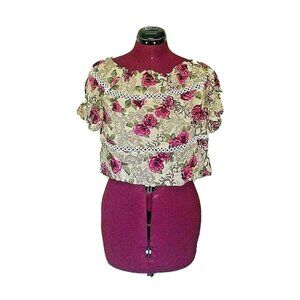 One Way Top Blouse Multicolor Women Floral Crochet Trim Cropped Size 10